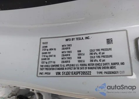 2023 Tesla Model 3 Rear-Wheel Drive z USA, uszkodzony, nr VIN 5YJ3E1EA5PF395522